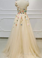 Light Champagne Tulle With Flowers Long Formal Dresses, A-Line Tulle Formal Dresses