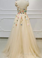 Light Champagne Tulle With Flowers Long Formal Dresses, A-Line Tulle Formal Dresses