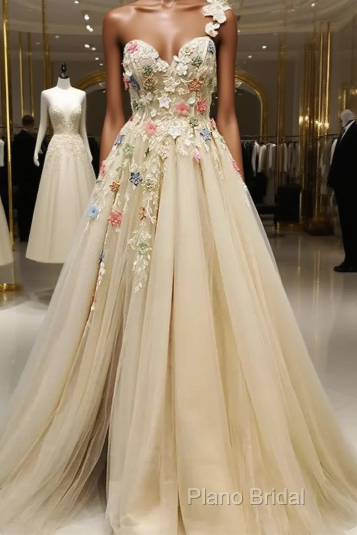 Light Champagne Tulle With Flowers Long Formal Dresses, A-Line Tulle Formal Dresses Main image