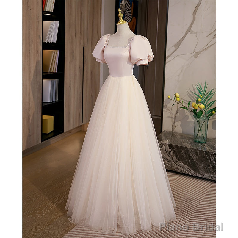 Light Champagne Tulle with Light Pink Satin Prom Dress, A-line Long Formal Dress Main image