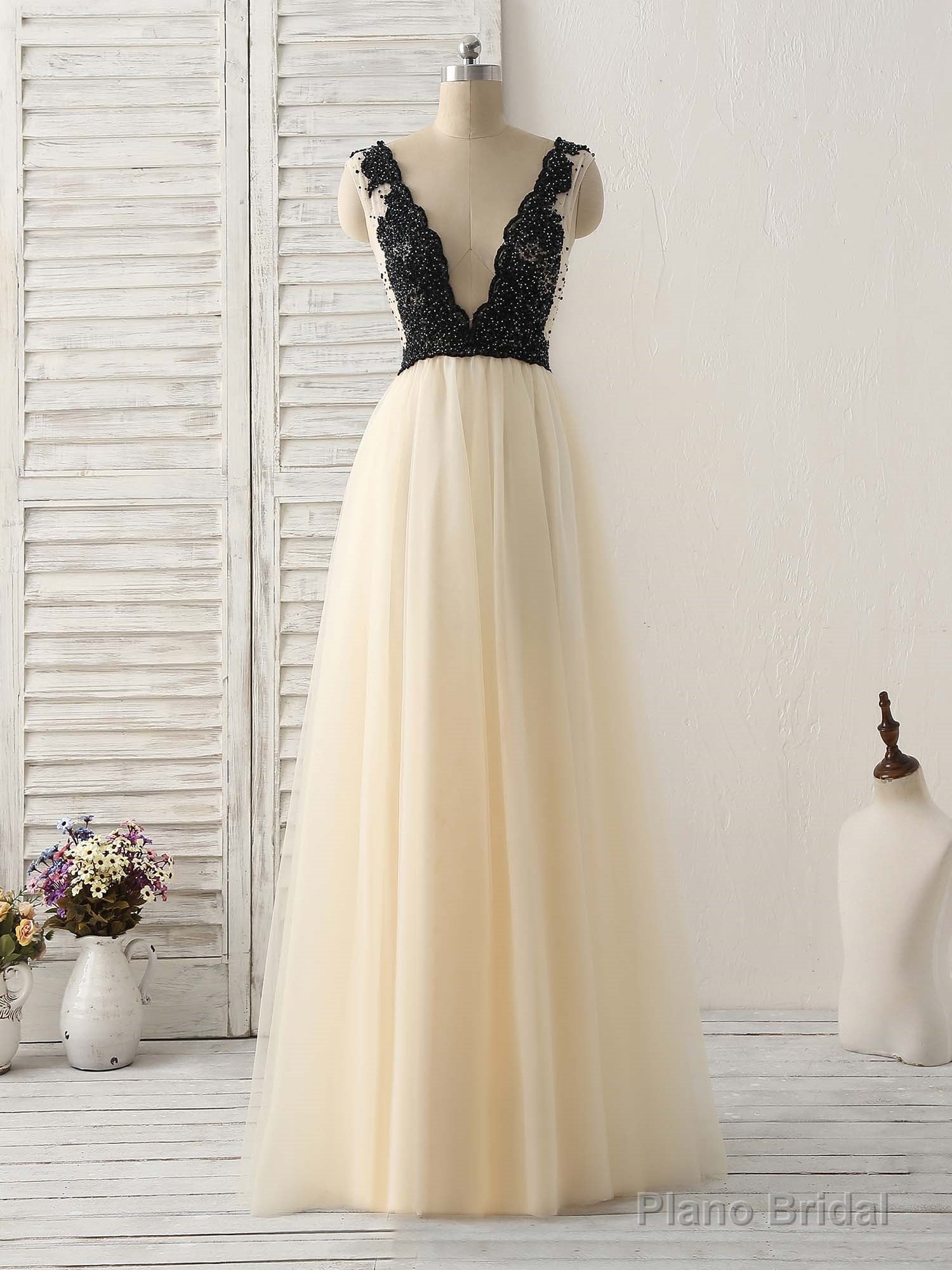 Light Champagne V Neck Beads Tulle Long Prom Dress, Champagne Formal Dress Main image