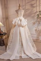Light Champagne V-Neck Lace Long Formal Prom Dresses, A-Line Spaghetti Straps Backless Party Dresses With Bow