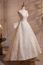 Light Champagne V-Neck Lace Long Formal Prom Dresses, A-Line Spaghetti Straps Backless Party Dresses With Bow