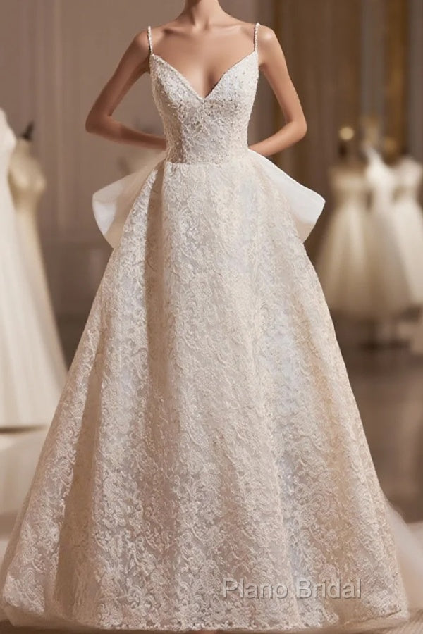 Light Champagne V-Neck Lace Long Formal Prom Dresses, A-Line Spaghetti Straps Backless Party Dresses With Bow