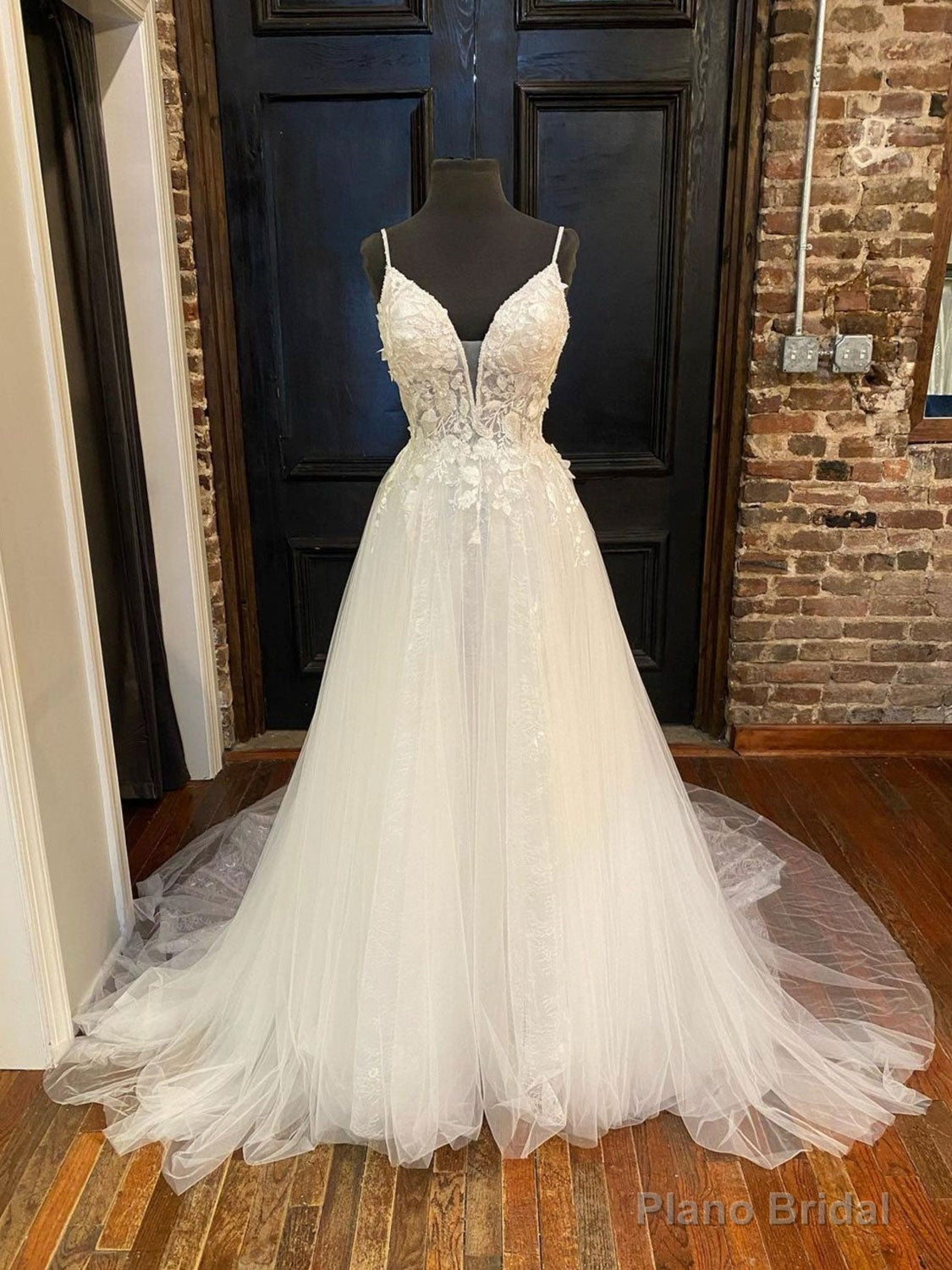 Light champagne v neck tulle lace long prom dress, lace evening dress Main image