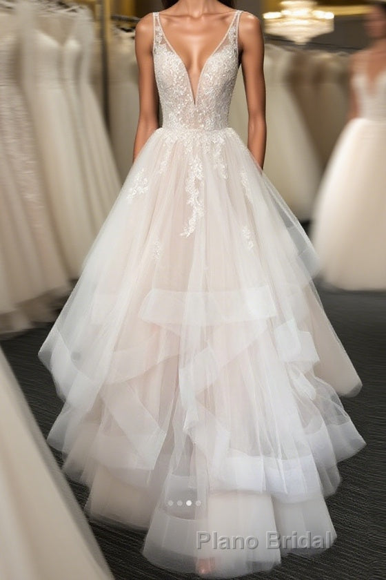 Light champagne v neck tulle lace long Formal Prom dress, wedding dress Main image