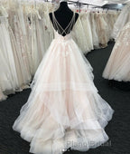 Light champagne v neck tulle lace long Formal Prom dress, wedding dress