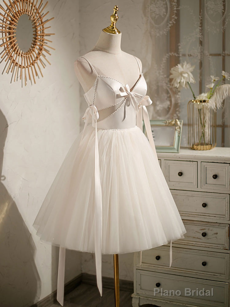 Light Champagne V neck Tulle Short Prom Dress, Tulle Puffy Homecoming Dress Main image