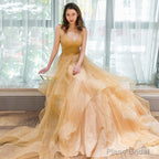 Light Champagne V-neckline Layers Straps Shiny Tulle Party Dress, Champagne Evening Gown Formal Dress