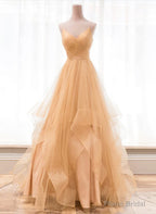 Light Champagne V-neckline Layers Straps Shiny Tulle Party Dress, Champagne Evening Gown Formal Dress