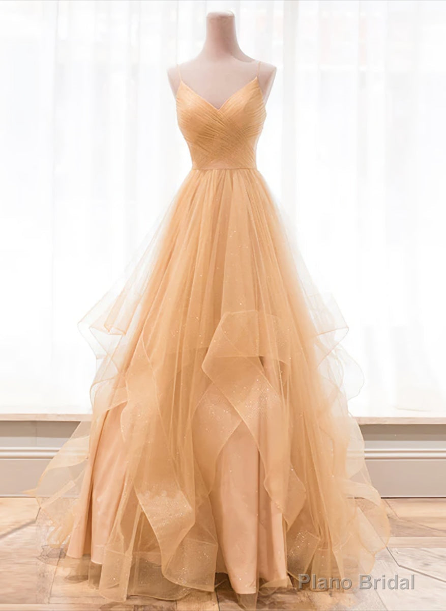 Light Champagne V-neckline Layers Straps Shiny Tulle Party Dress, Champagne Evening Gown Formal Dress