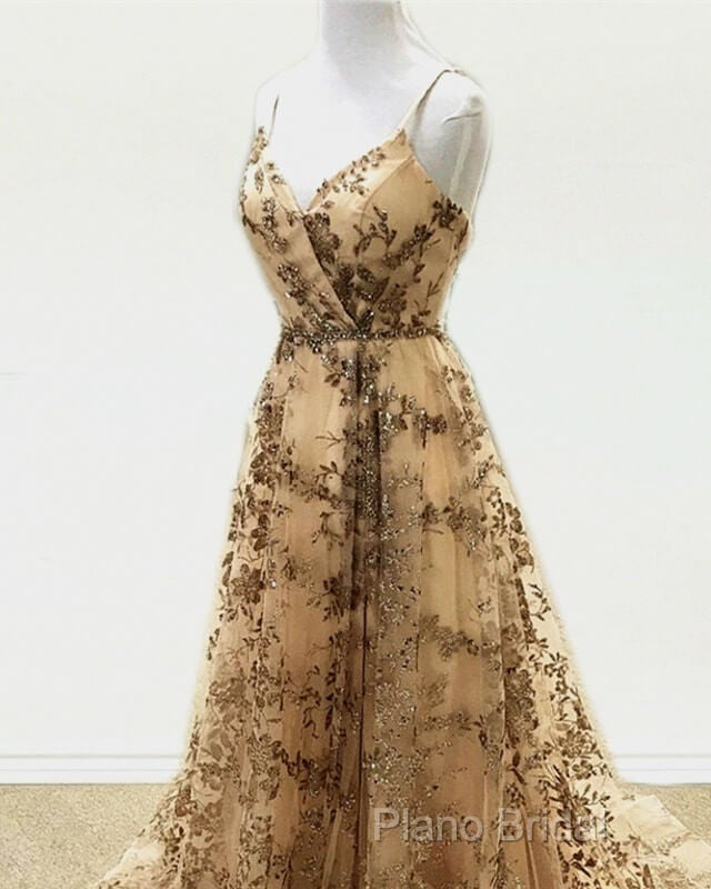 Light Gold Sequin Pattern Formal Prom Dresses V Neck Split Secondary image