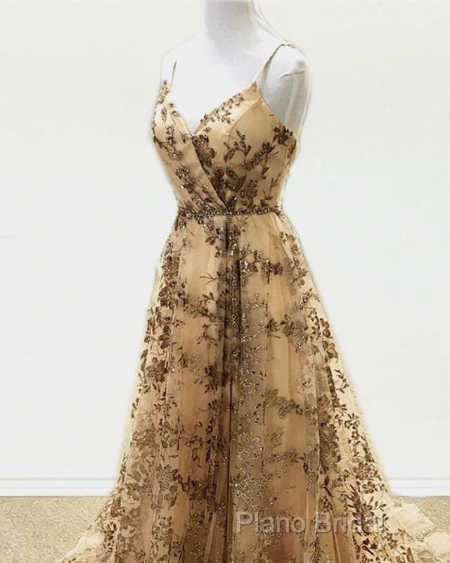 Light Gold Sequin Pattern Formal Prom Dresses V Neck Split