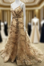 Light Gold Sequin Pattern Formal Prom Dresses V Neck Split