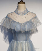 Light Gray Blue Tulle Lace Long Prom Dress, Gray Blue Tulle Evening Dress