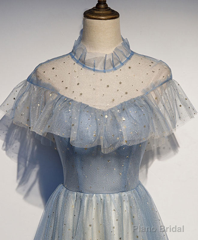 Light Gray Blue Tulle Lace Long Prom Dress, Gray Blue Tulle Evening Dress Secondary image