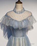 Light Gray Blue Tulle Lace Long Prom Dress, Gray Blue Tulle Evening Dress