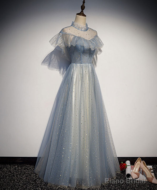 Light Gray Blue Tulle Lace Long Prom Dress, Gray Blue Tulle Evening Dress