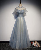 Light Gray Blue Tulle Lace Long Prom Dress, Gray Blue Tulle Evening Dress