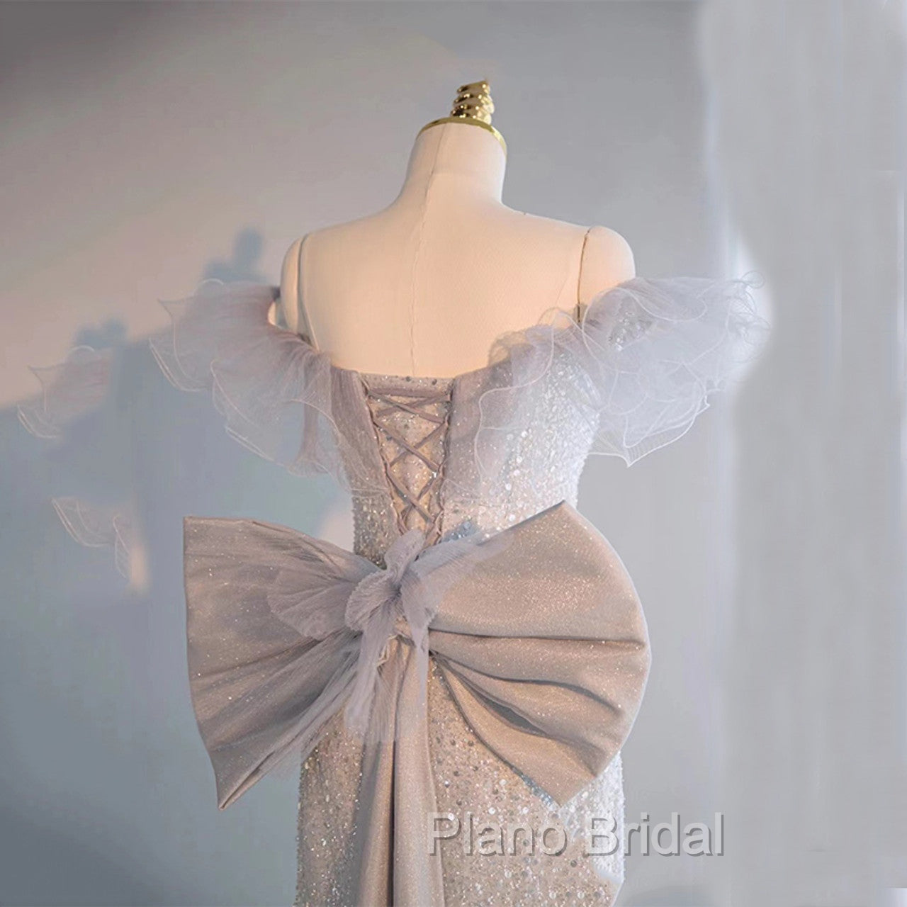 Light Gray Sequins Off the Shoulder Formal Prom Dresses