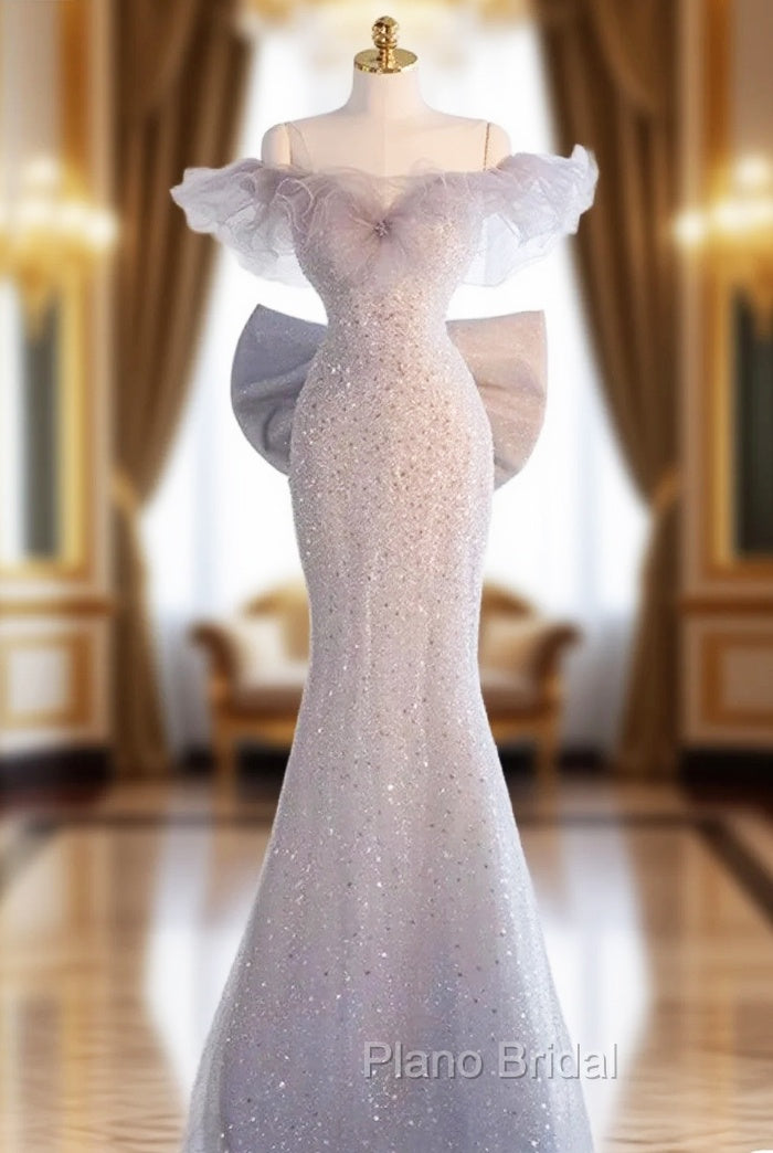 Light Gray Sequins Off the Shoulder Formal Prom Dresses Main image