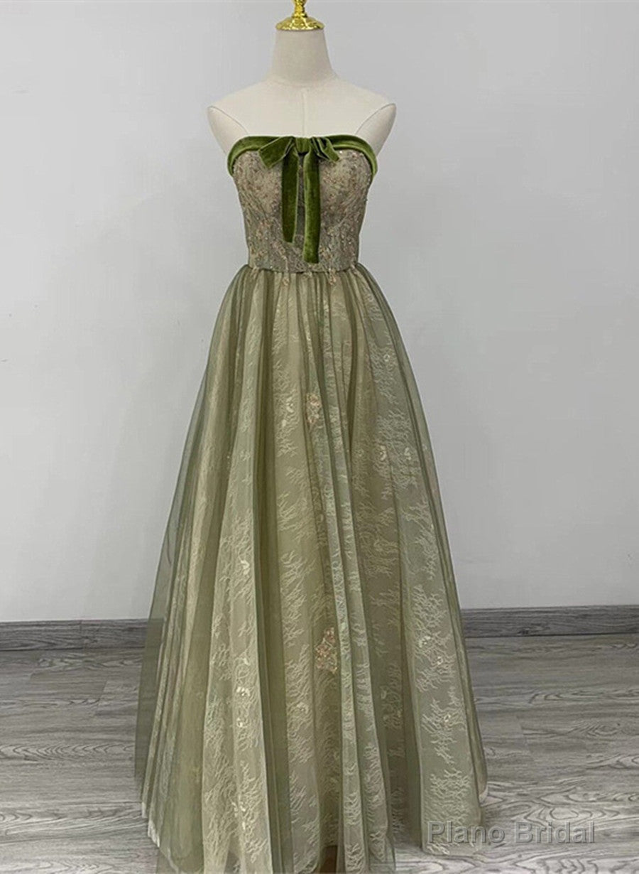 Light Green A-line Sweetheart Long Formal Dress, Green Lace Prom Dress