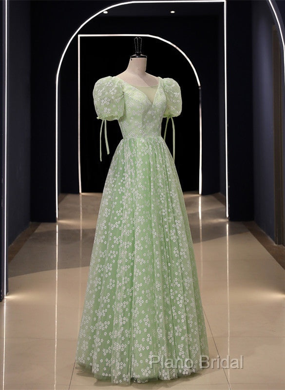 Light Green Floral V-Neckline Short Sleeves Party Dresses, A-Line Green Formal Dresses Secondary image