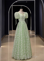 Light Green Floral V-Neckline Short Sleeves Party Dresses, A-Line Green Formal Dresses