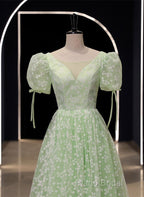 Light Green Floral V-Neckline Short Sleeves Party Dresses, A-Line Green Formal Dresses