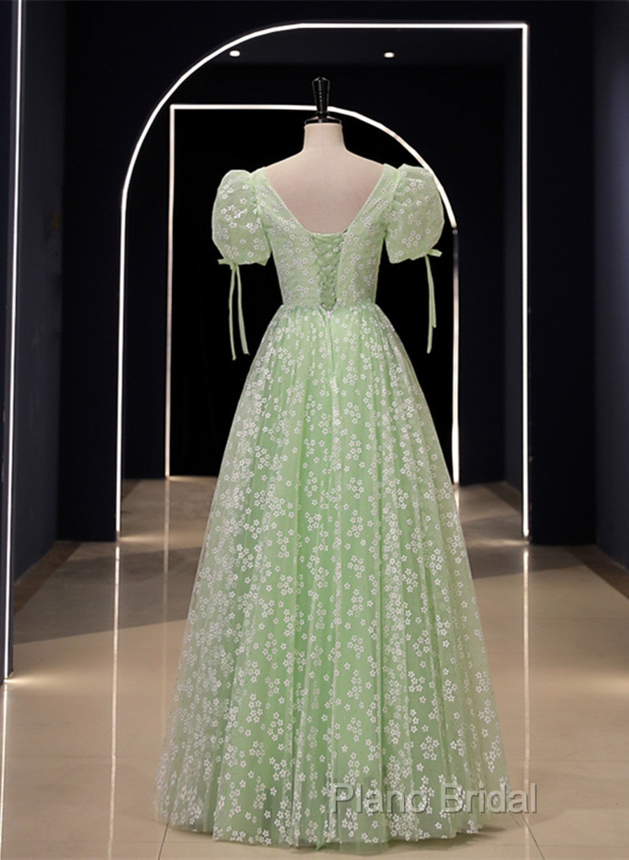 Light Green Floral V-Neckline Short Sleeves Party Dresses, A-Line Green Formal Dresses