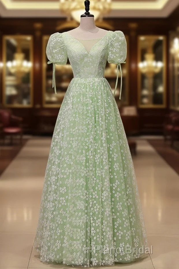 Light Green Floral V-Neckline Short Sleeves Party Dresses, A-Line Green Formal Dresses