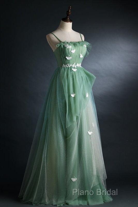 Light Green Gradient Straps Long A-Line Formal Prom Dresses, Beautiful Formal Dresses Party Dresses