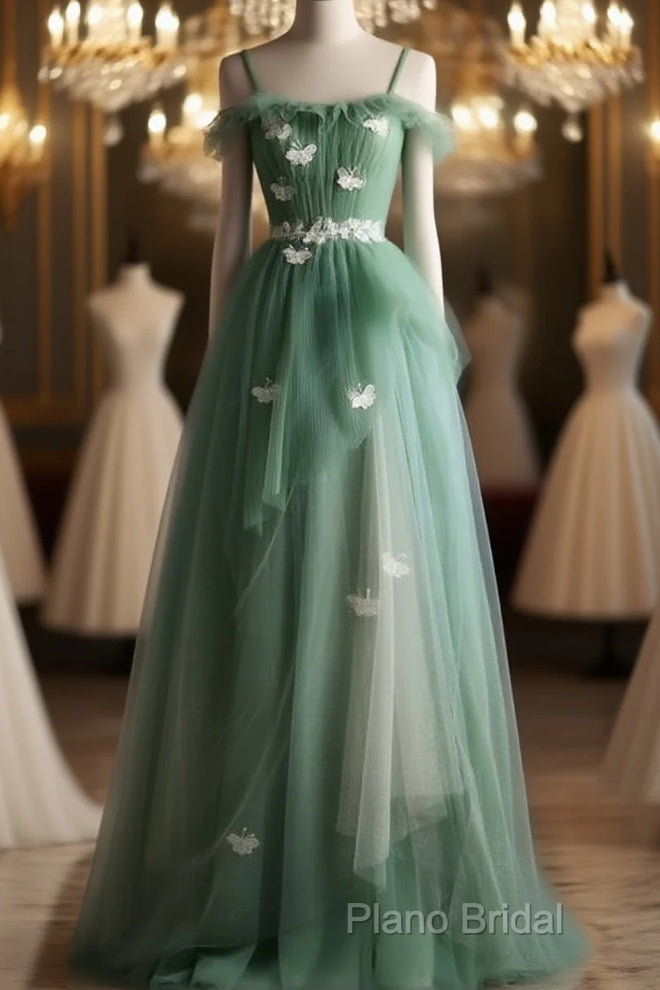 Light Green Gradient Straps Long A-Line Formal Prom Dresses, Beautiful Formal Dresses Party Dresses Main image