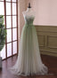 Light Green Gradient Tulle Long Formal Dress, Green Beaded Sweetheart Prom Dresses