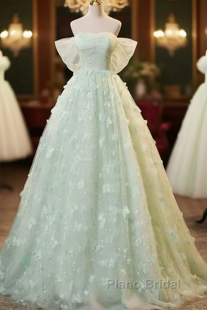 Light Green Lace Sweetheart Long Formal Dresses Formal Prom Dresses Off Shoulder A Line Floor Length Beautiful Main image