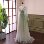 Light Green Long Sleeves Gradient Tulle Party Dresses, Green Floor Length Formal Prom Dresses