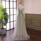 Light Green Long Sleeves Gradient Tulle Party Dresses, Green Floor Length Formal Prom Dresses