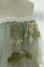 Light Green Off Shoulder Tulle Long Formal Prom Dresses A-Line Green Party Dresses