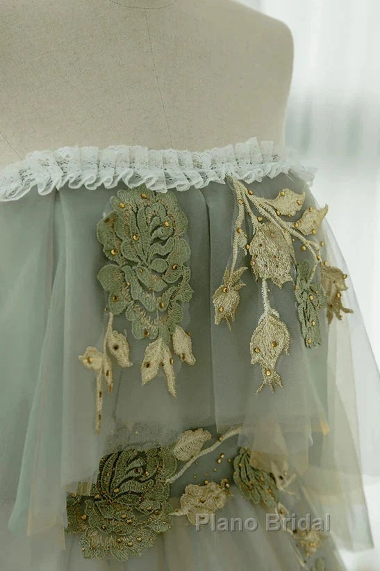 Light Green Off Shoulder Tulle Long Formal Prom Dresses A-Line Green Party Dresses