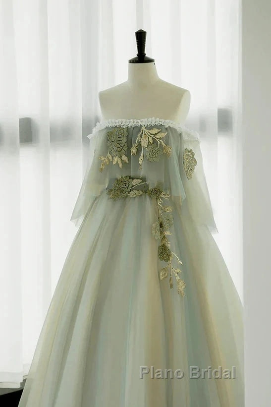 Light Green Off Shoulder Tulle Long Formal Prom Dresses A-Line Green Party Dresses