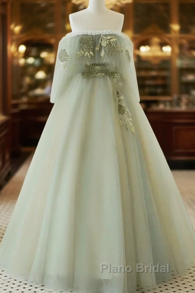 Light Green Off Shoulder Tulle Long Formal Prom Dresses A-Line Green Party Dresses