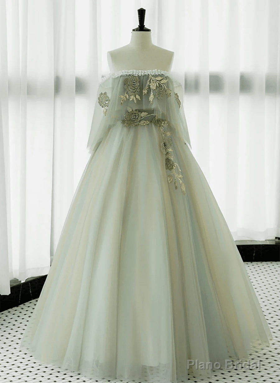 Light Green Off Shoulder Tulle with Lace Long Prom Dress, A-line Green Party Dress Main image