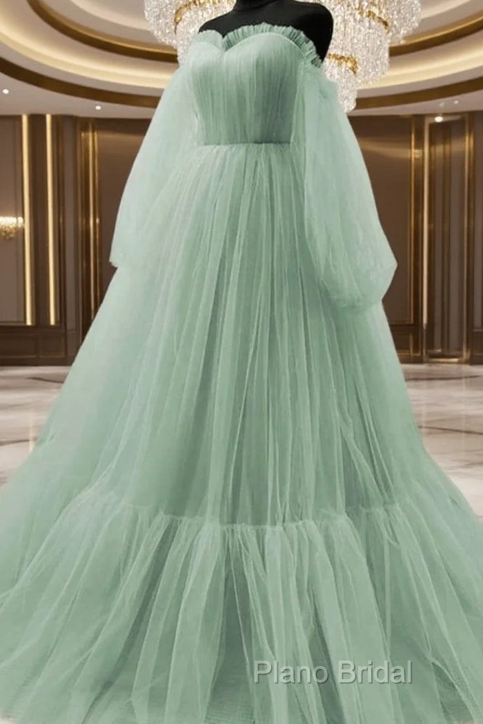 Light Green Puffy Sleeves Tulle Long Formal Dresses, Light Green Formal Prom Dresses Main image