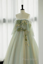 Light Green Scoop Off Shoulder A-Line Tulle Formal Prom Dresses, Light Green Formal Dresses