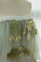 Light Green Scoop Off Shoulder A-Line Tulle Formal Prom Dresses, Light Green Formal Dresses