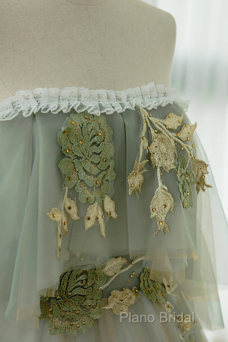 Light Green Scoop Off Shoulder A-Line Tulle Formal Prom Dresses, Light Green Formal Dresses