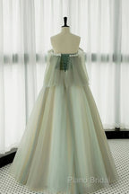 Light Green Scoop Off Shoulder A-Line Tulle Formal Prom Dresses, Light Green Formal Dresses