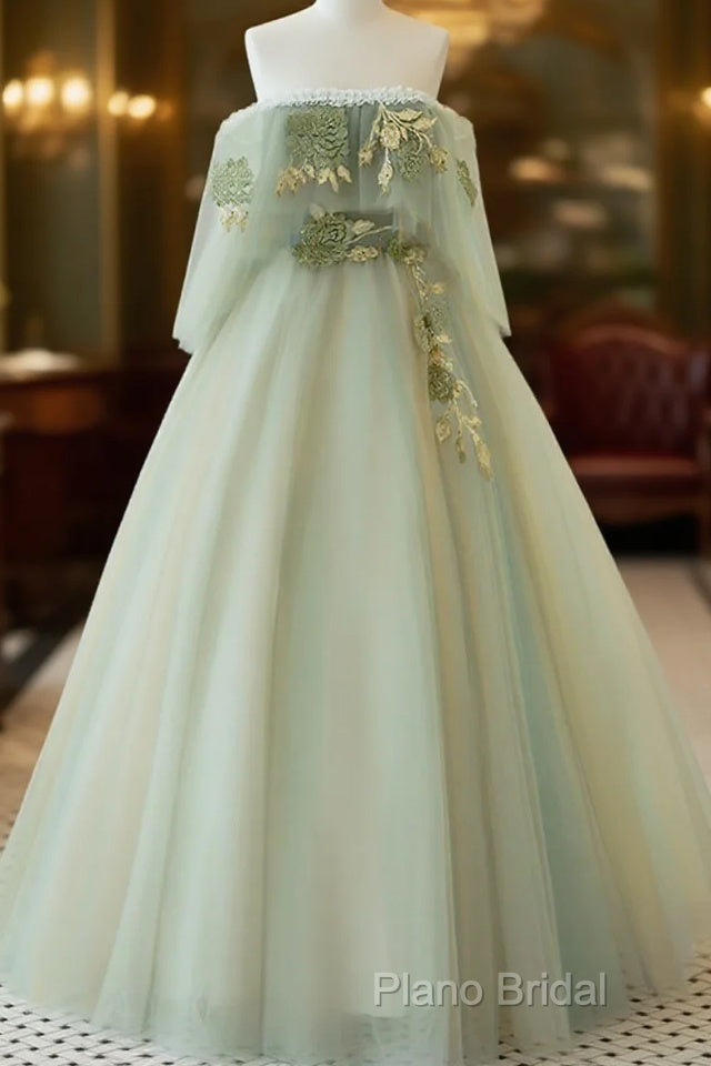 Light Green Scoop Off Shoulder A-Line Tulle Formal Prom Dresses, Light Green Formal Dresses Main image