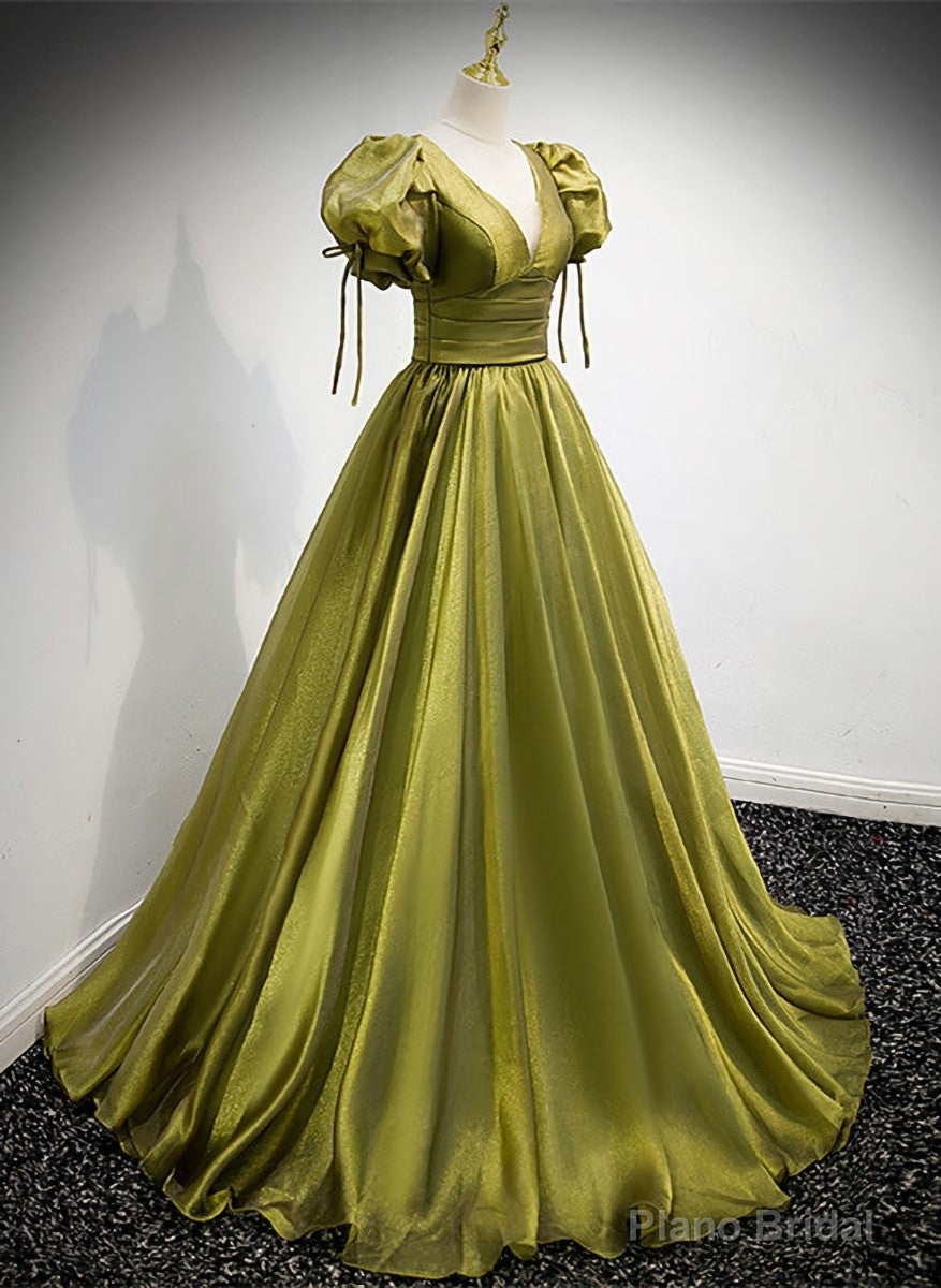 Light Green Short Sleeves Long A-line Prom Dress, Green Lace-up Party Dress Secondary image