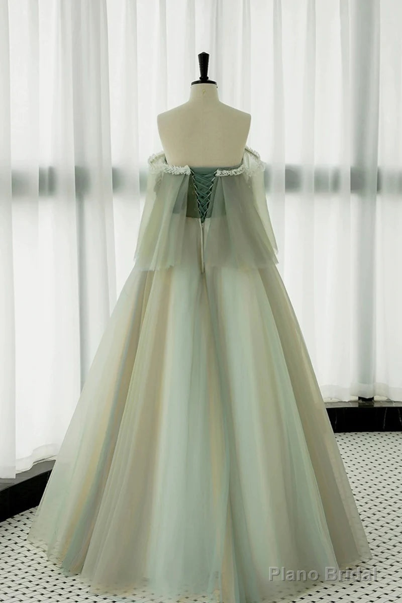 Light Green Strapless A-line Tulle Prom Dress,Unique Evening Dresses Secondary image